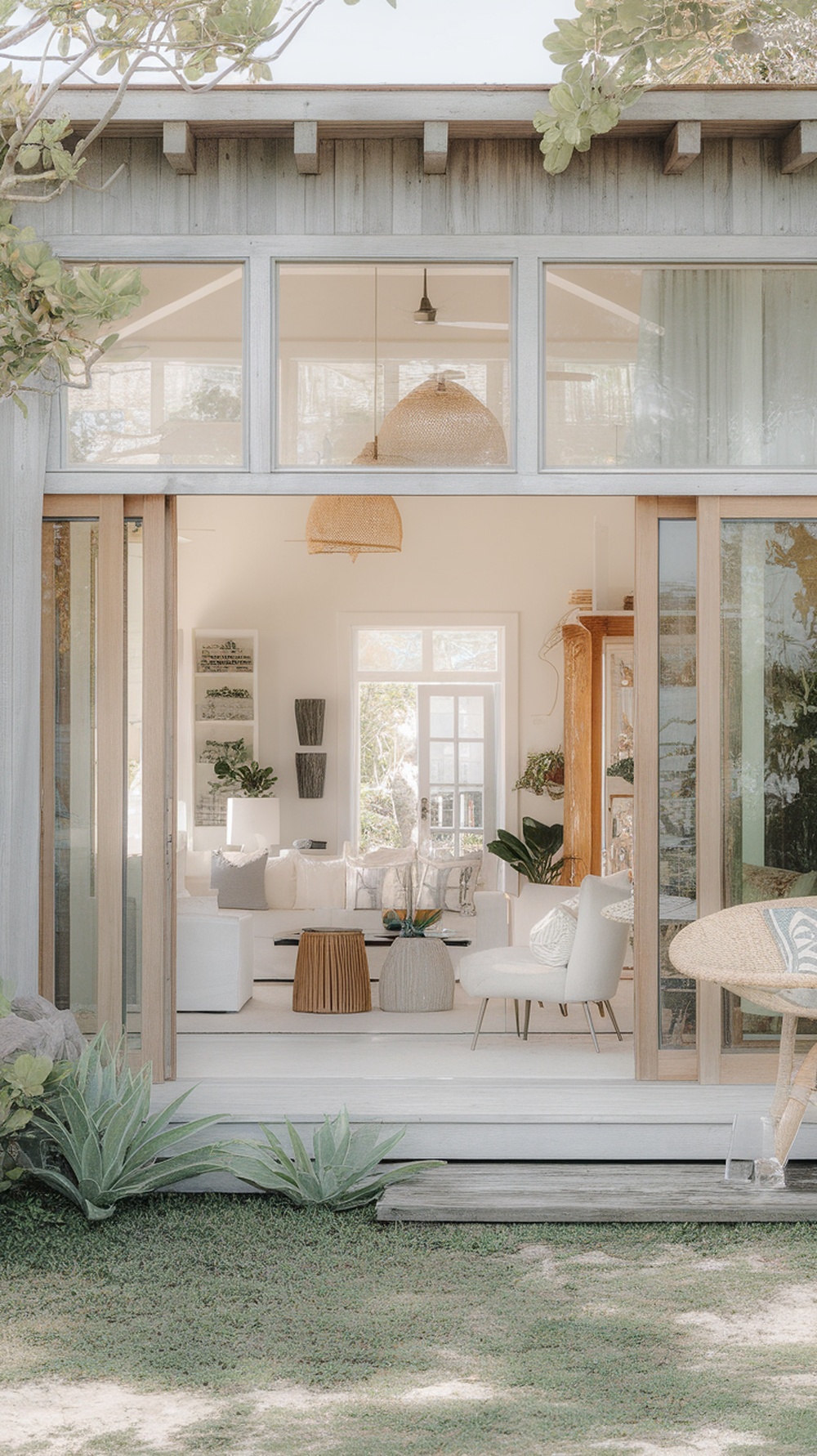 A beach house interior showcasing a seamless transition between indoor and outdoor spaces.