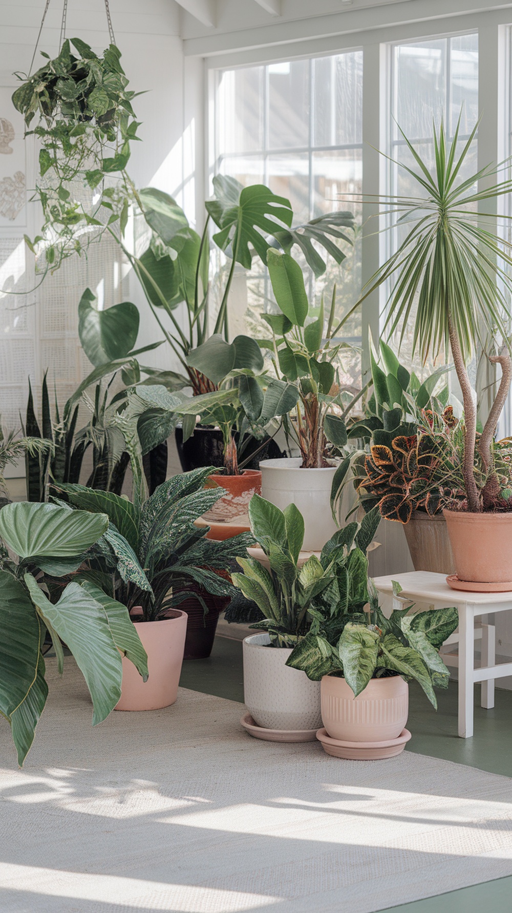 A sunroom filled with various potted plants, showcasing a vibrant indoor garden.