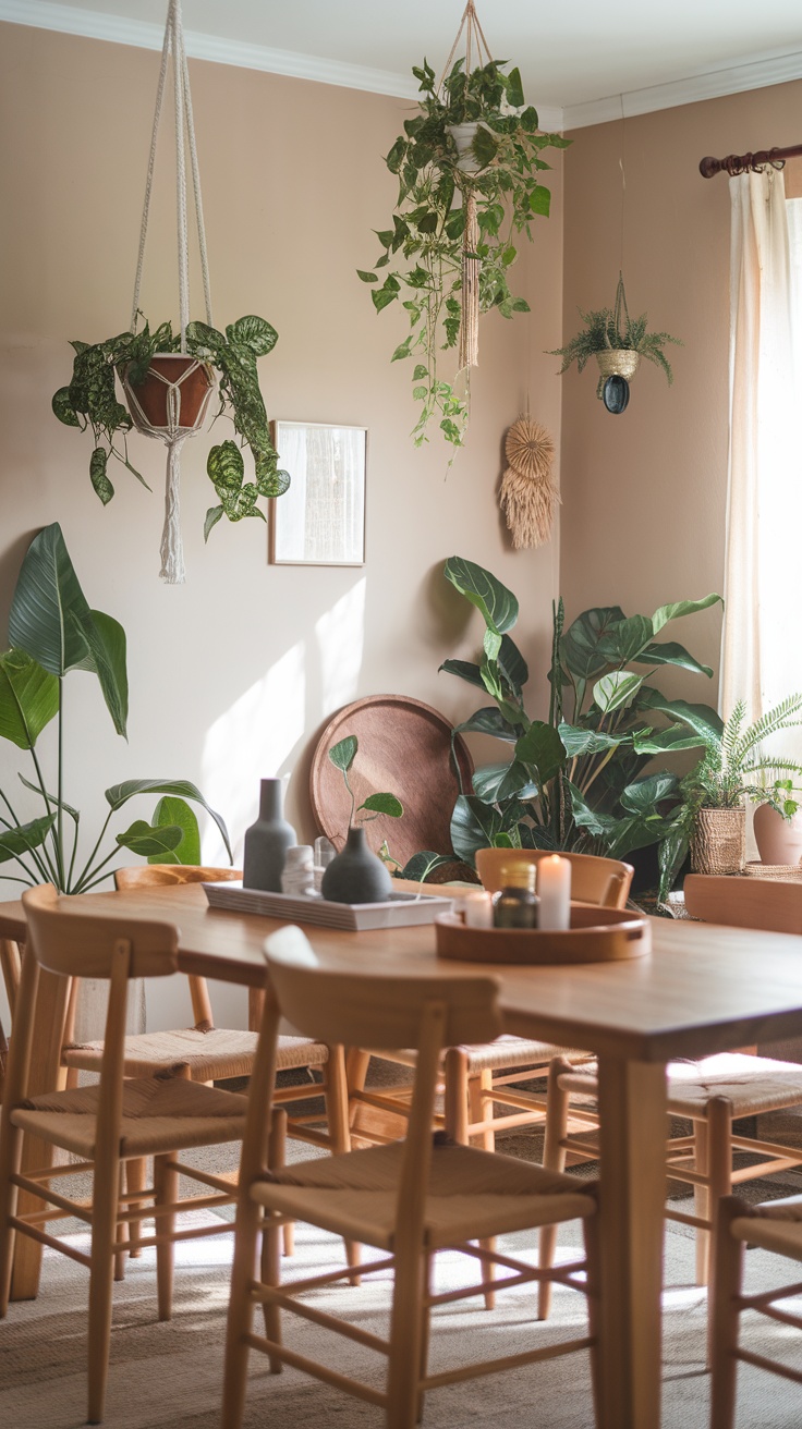 A boho dining room filled with various indoor plants and greenery.