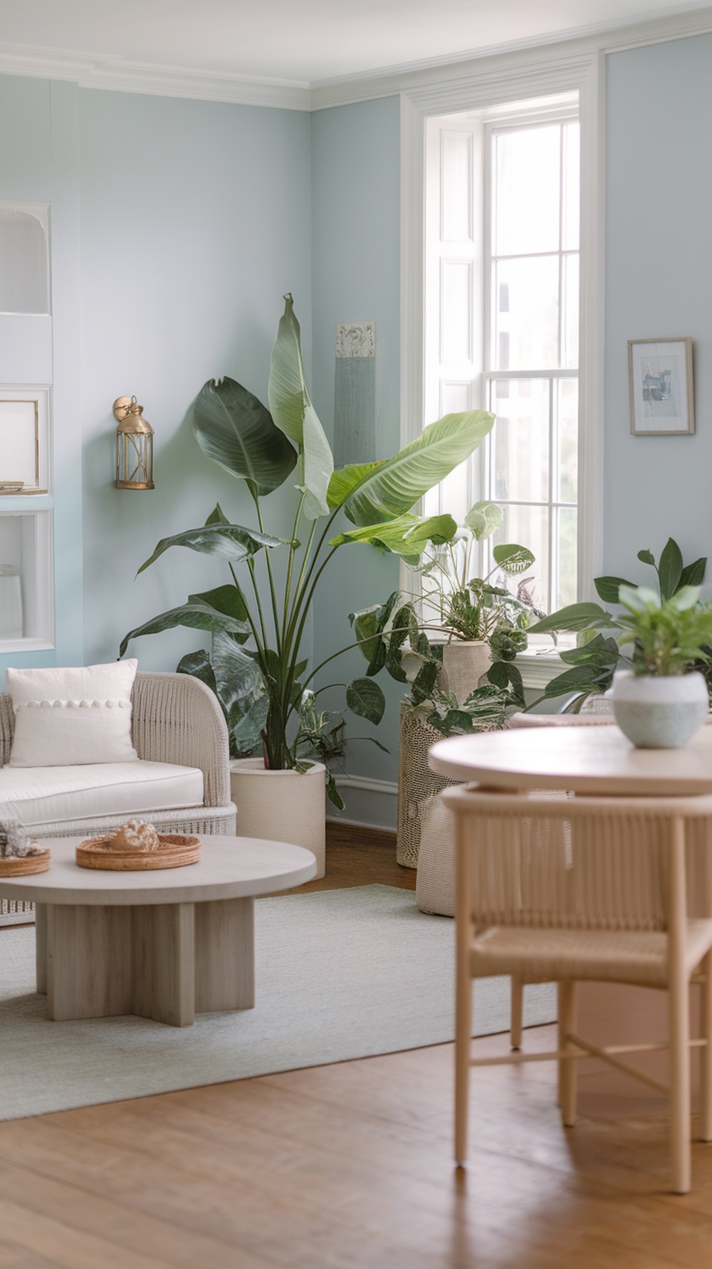 A modern coastal living room featuring indoor plants, a light colored sofa, and a round table.