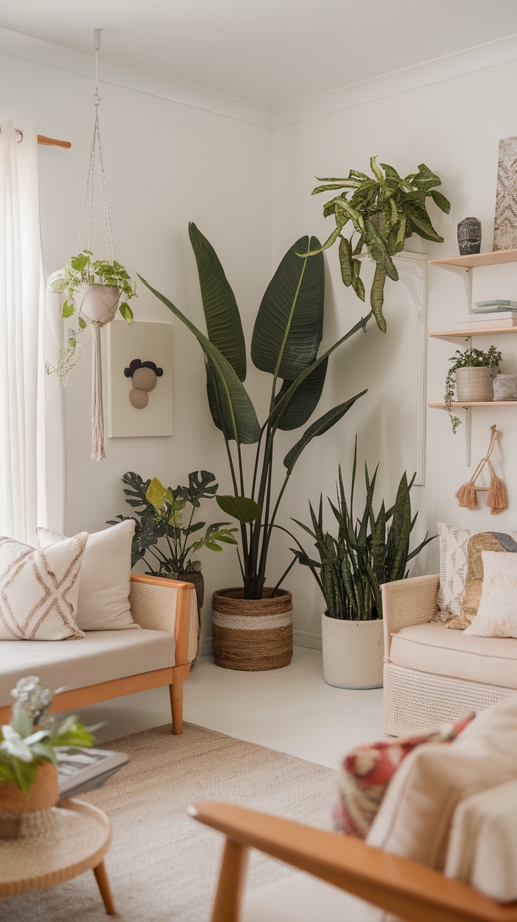 A cozy Boho chic living room featuring various indoor plants, including a tall leafy plant, hanging plants, and smaller plants on tables.