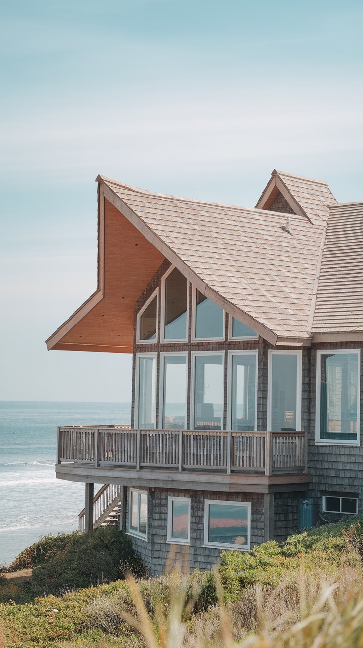 Exterior view of a beach house showcasing its unique roof design and large windows