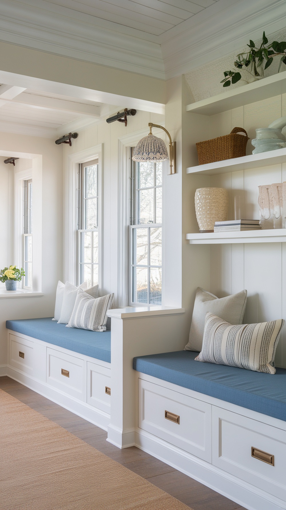 Cozy nook in a Nantucket style home with built-in benches, blue cushions, and large windows