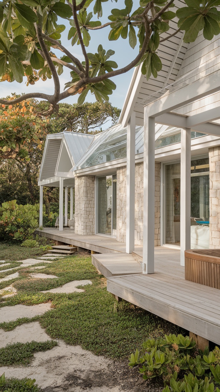 Beach house exterior with natural materials and greenery