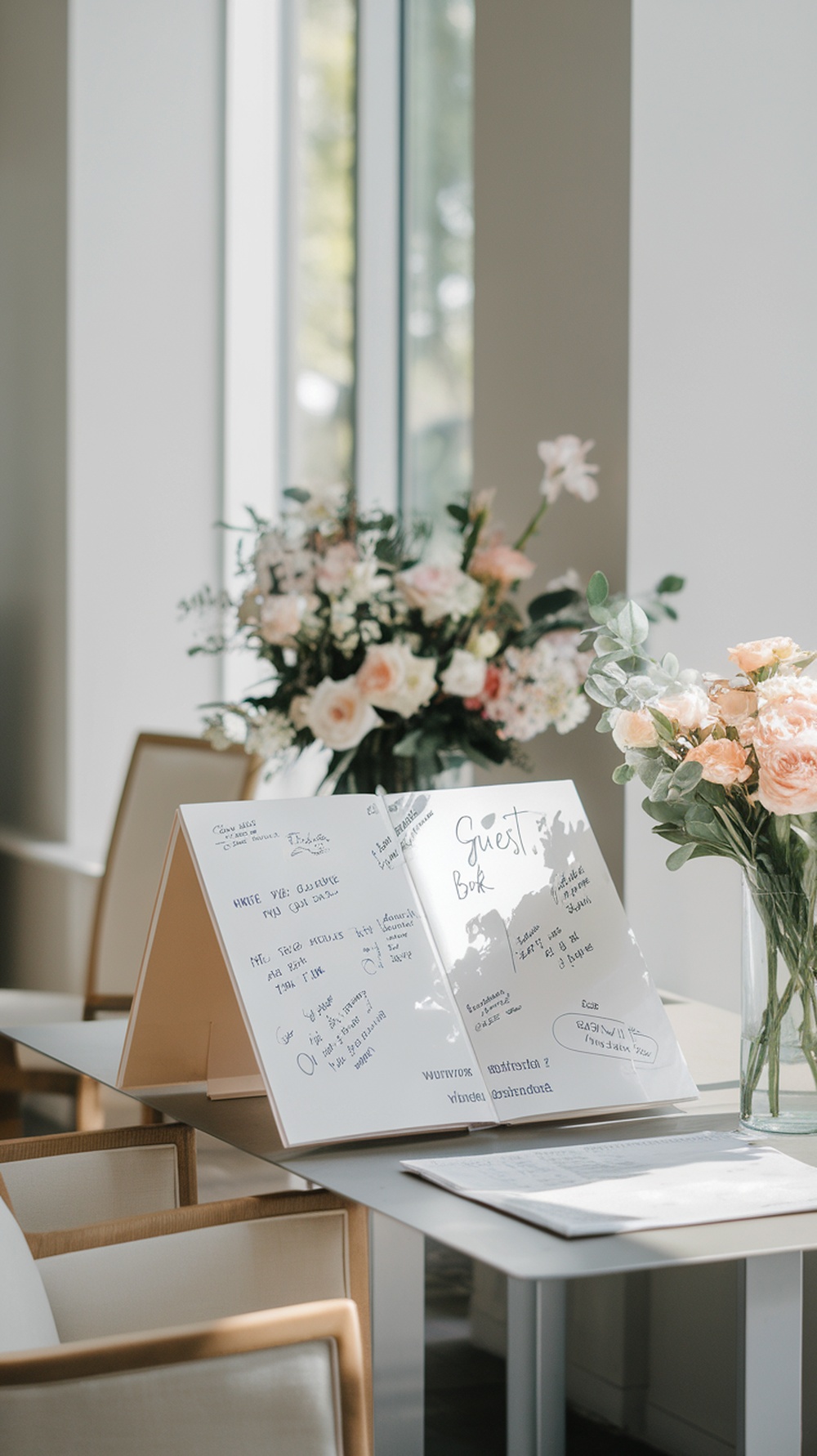 A stylish guest book setup with flowers, inviting messages from guests.