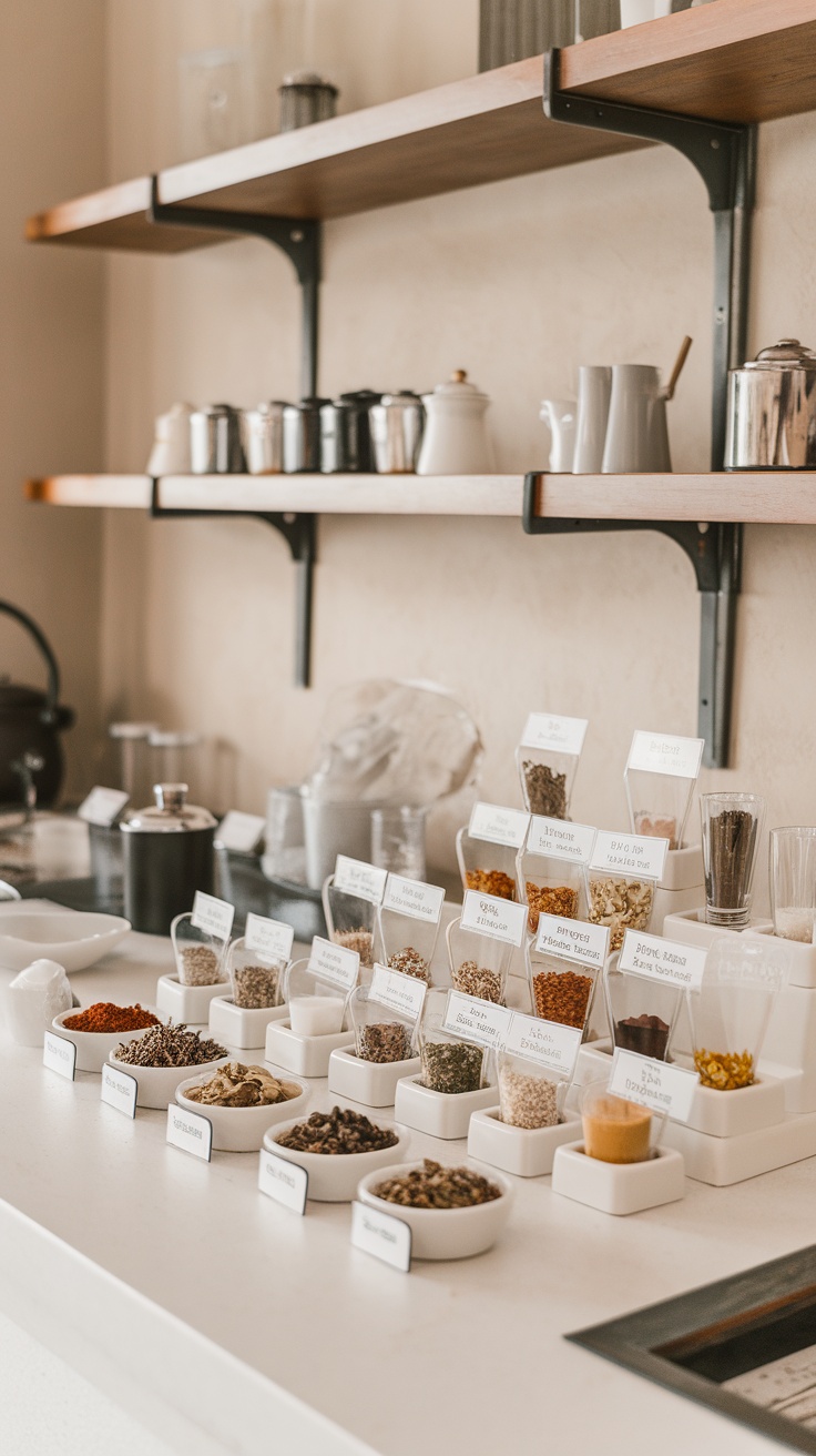 An interactive tea blending station with various jars of tea ingredients.