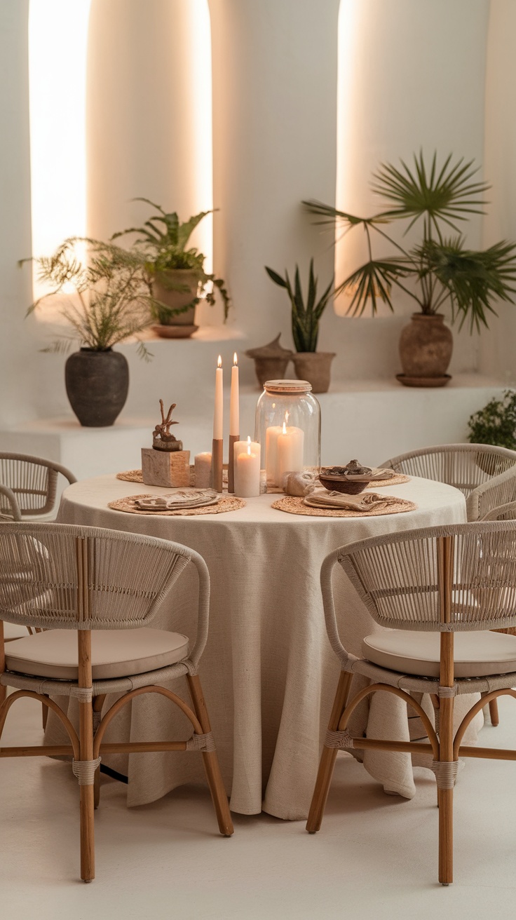 Boho style dining room featuring a round table set with candles and plants.