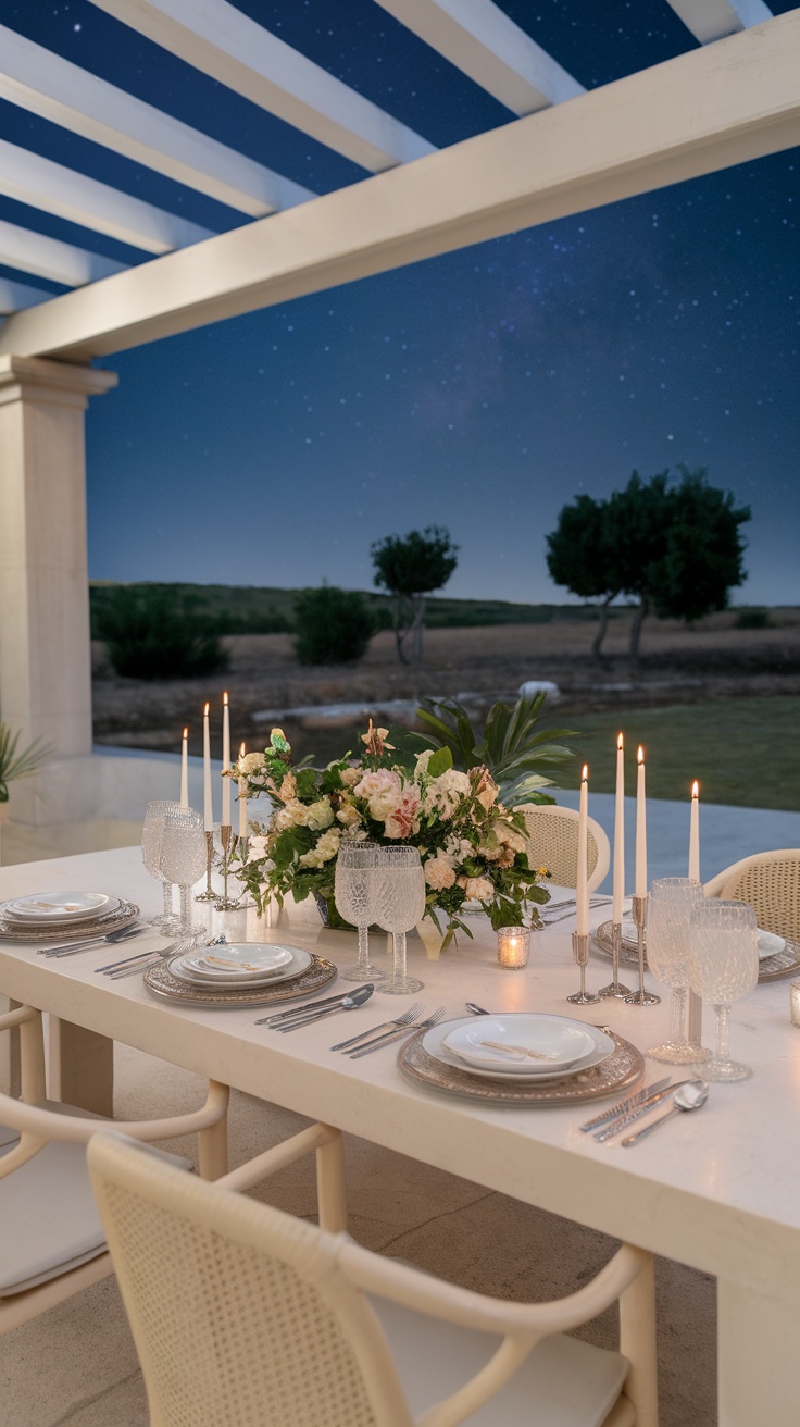 Elegant outdoor dining table set with flowers and candles under the stars