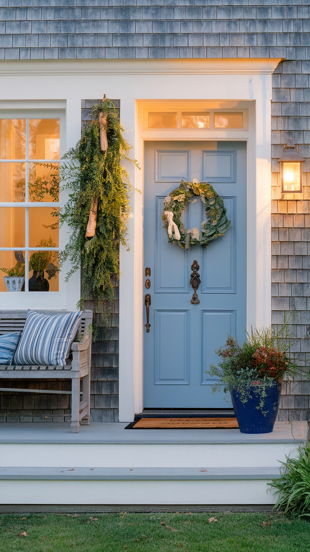 Cozy entryway of a Nantucket style home featuring a blue door, greenery, and a welcoming bench.