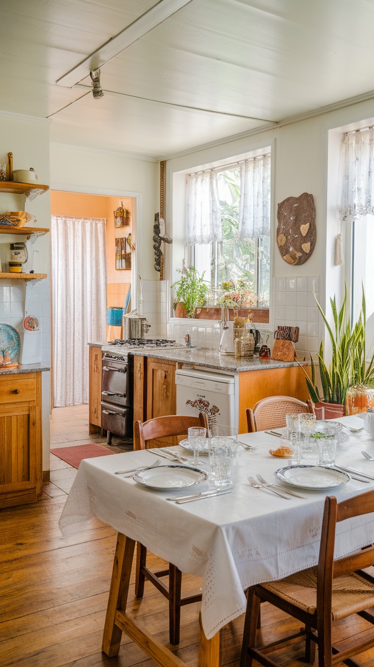 Cozy kitchen and dining area with wooden furniture, set for a meal.