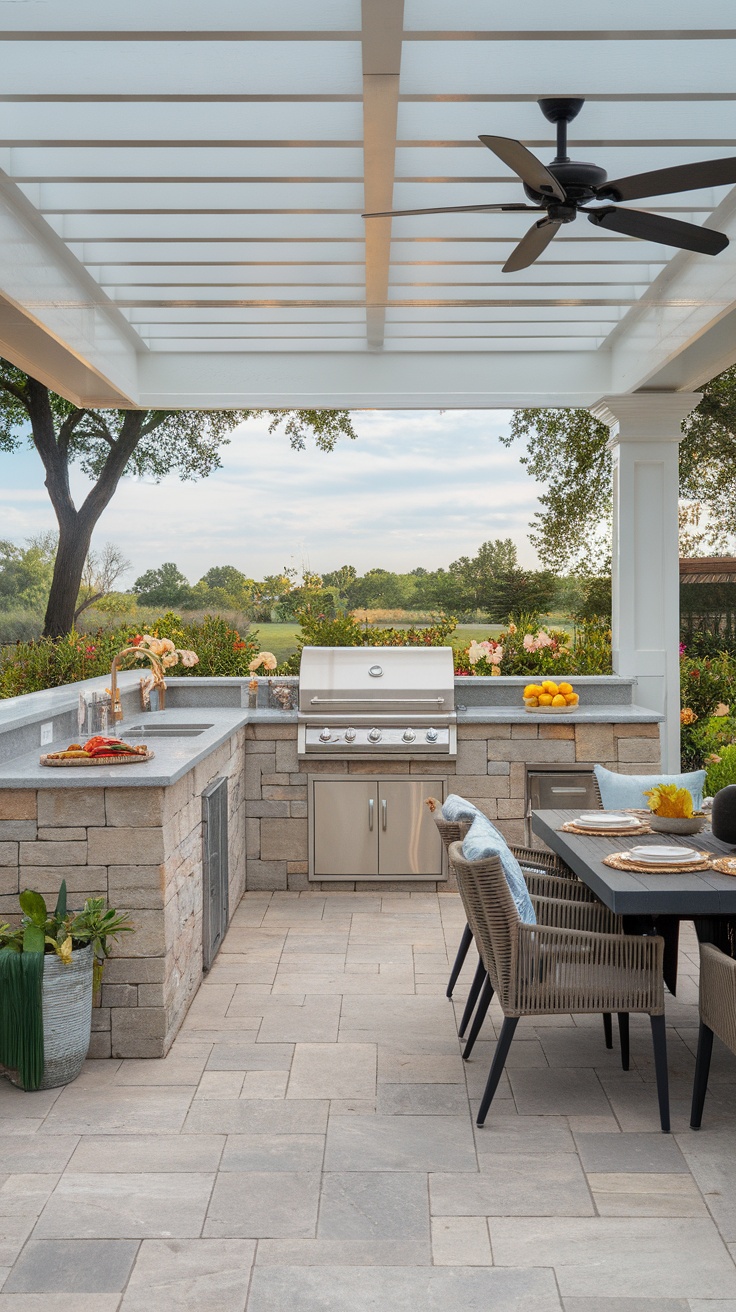 An inviting outdoor kitchen with a grill, stone counters, and dining area, surrounded by greenery.