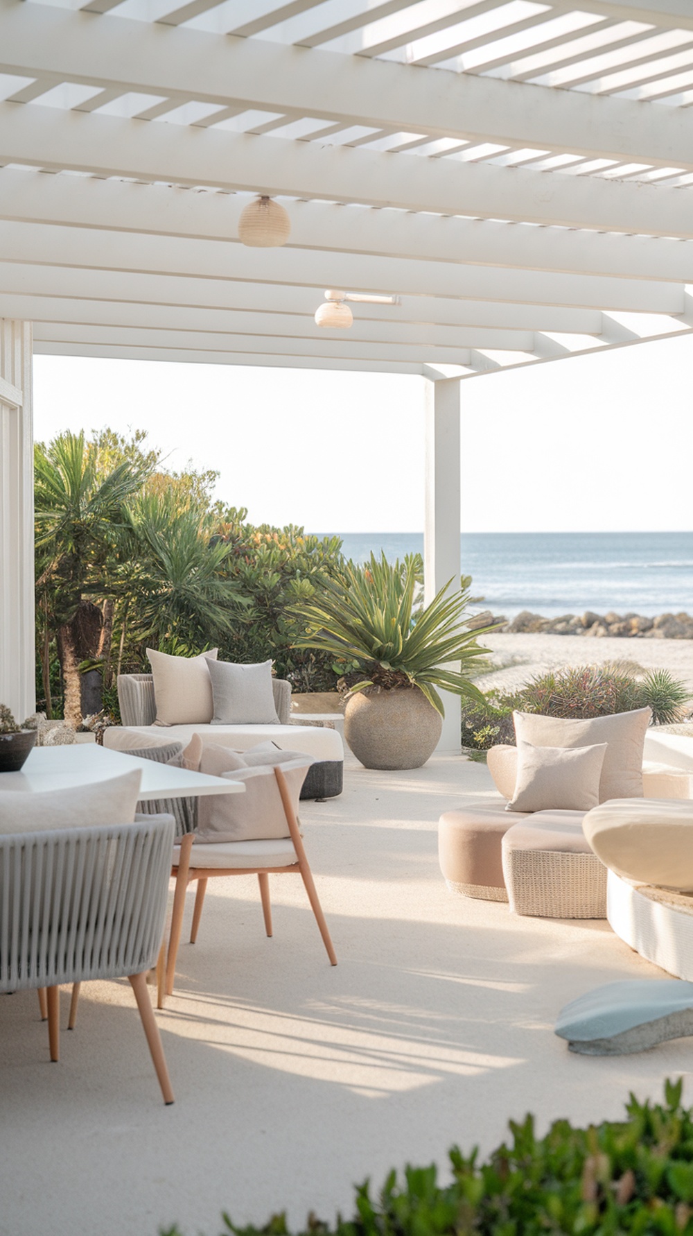 A stylish outdoor patio at a beach house with cozy seating and lush greenery.