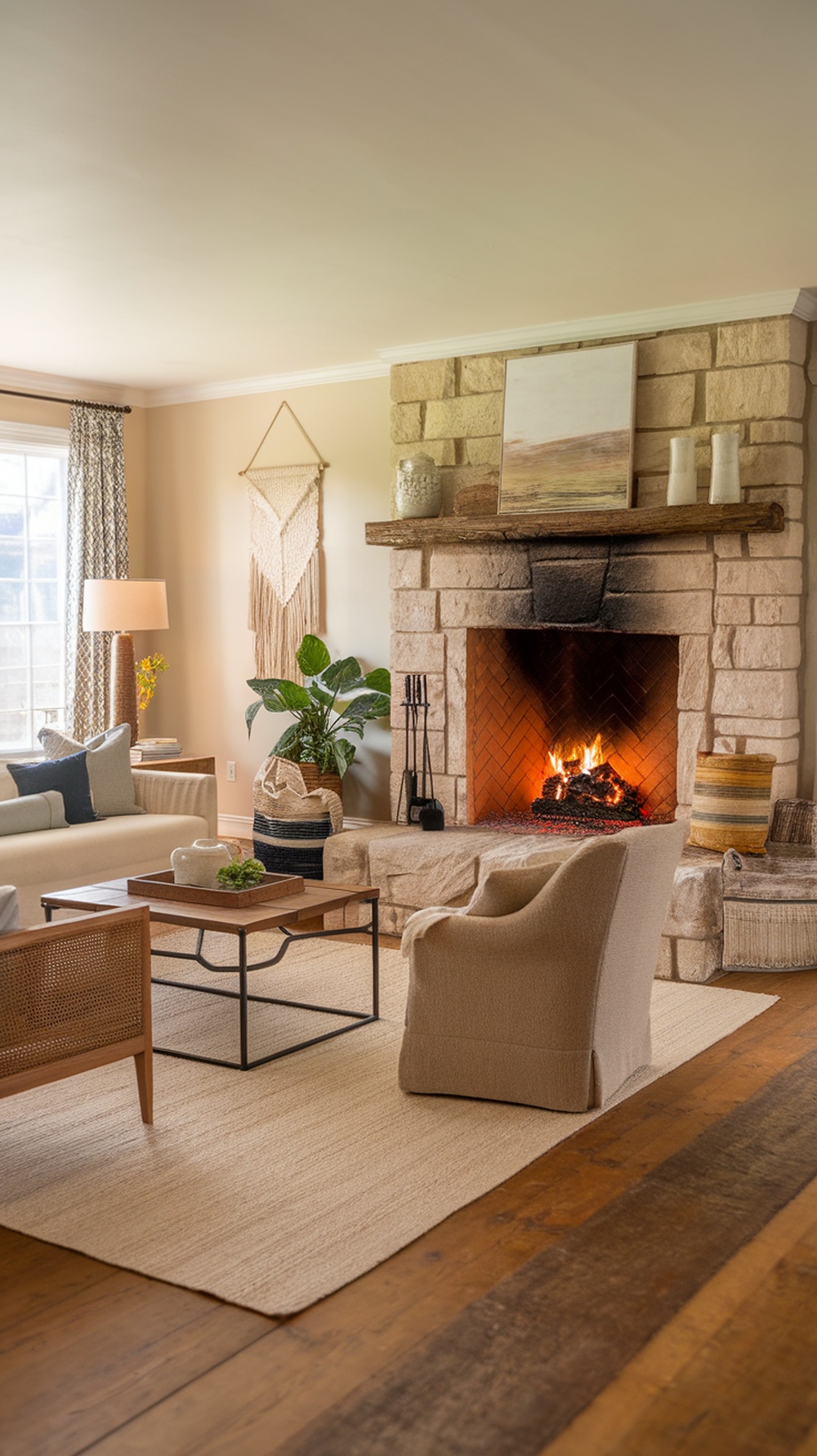A cozy living room featuring a stone fireplace with a wooden mantel, surrounded by comfortable seating and warm decor.