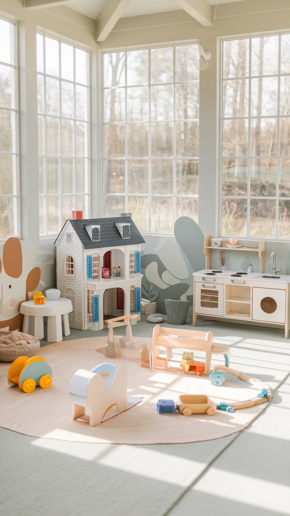 A bright sunroom play area for kids with a dollhouse, wooden toys, and a mini kitchen.