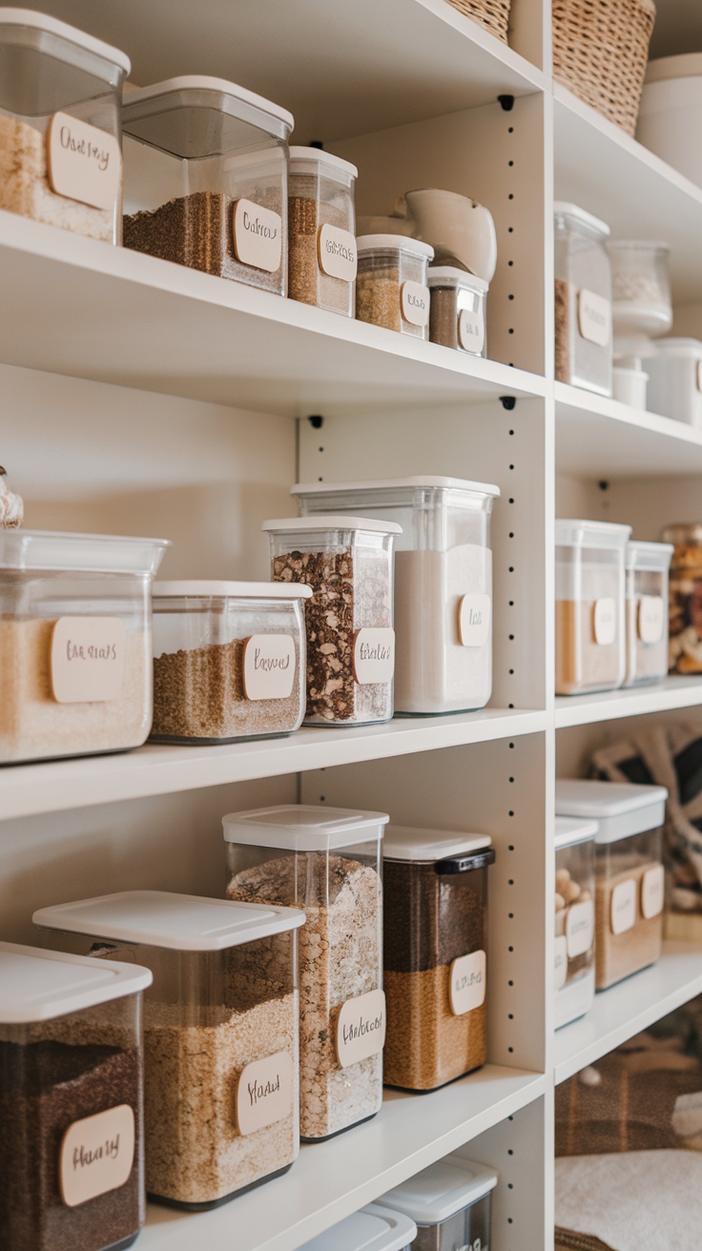 Organized pantry shelves with labeled containers for ingredients.