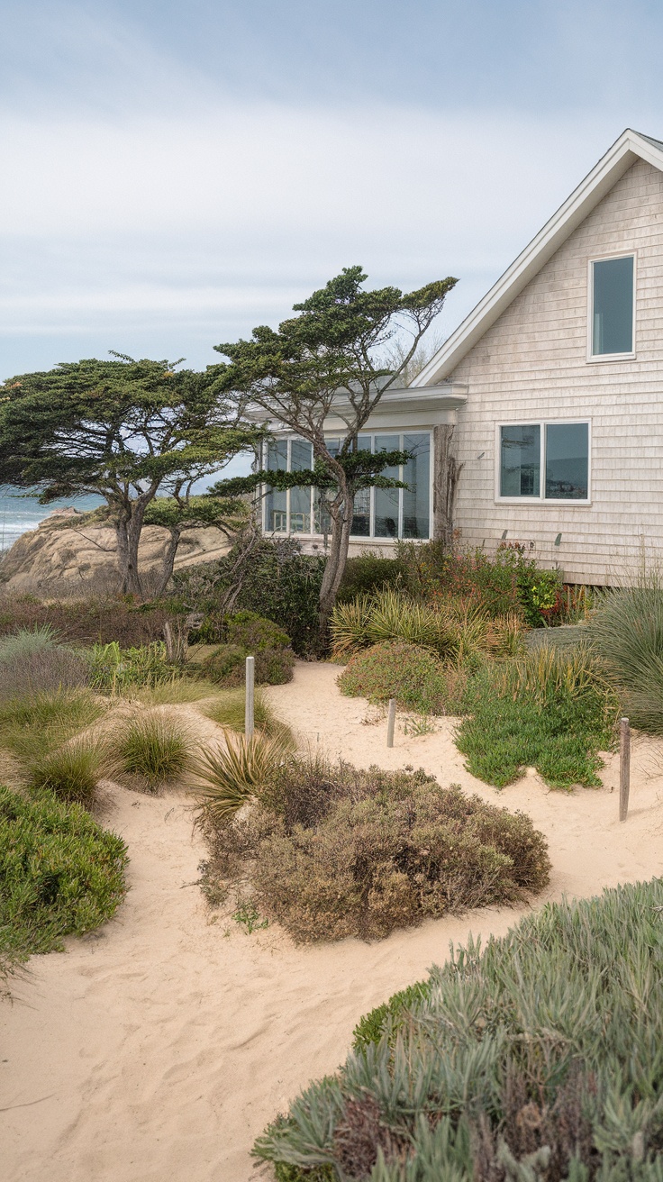 Beach house exterior with coastal landscaping featuring native plants and sandy pathways.