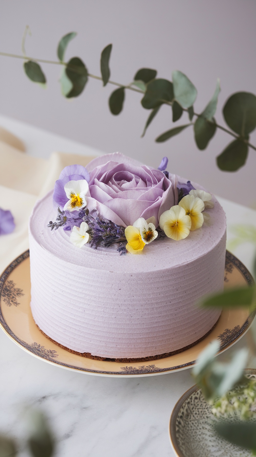 A beautifully decorated lavender honey cake adorned with edible flowers and greenery.