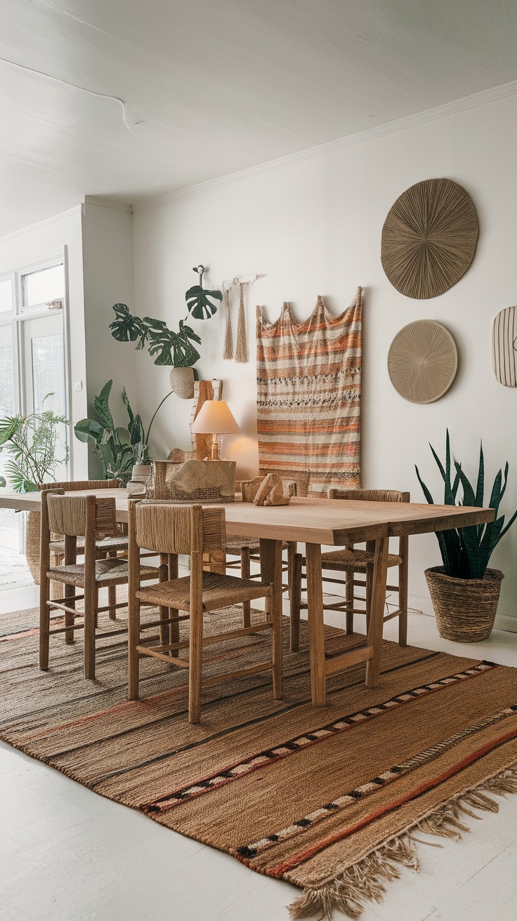 A boho dining room with layered rugs and wooden furniture.