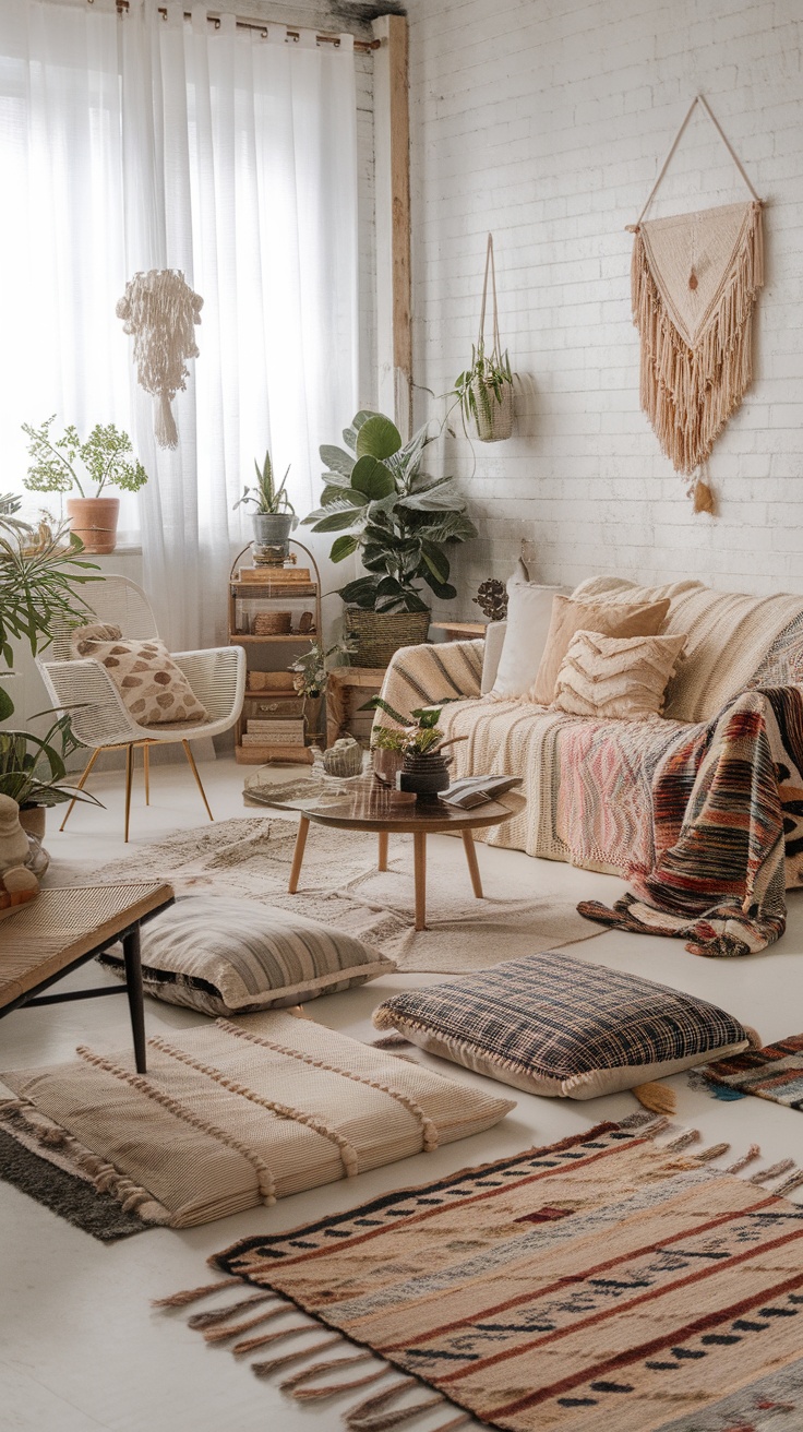 Boho chic living room featuring layered textiles and patterns
