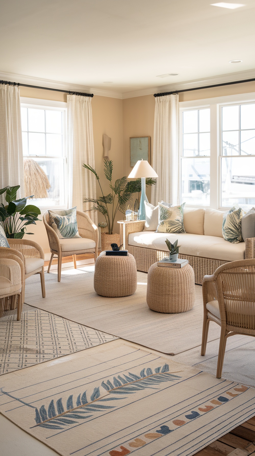 A cozy coastal living room with rattan furniture, tropical patterned cushions, and layered rugs.