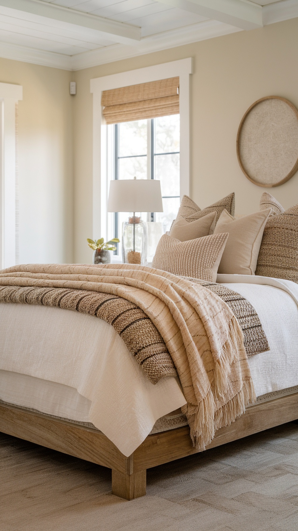 A cozy coastal bedding setup with layered textures including a light coverlet, throw blanket, and decorative pillows.