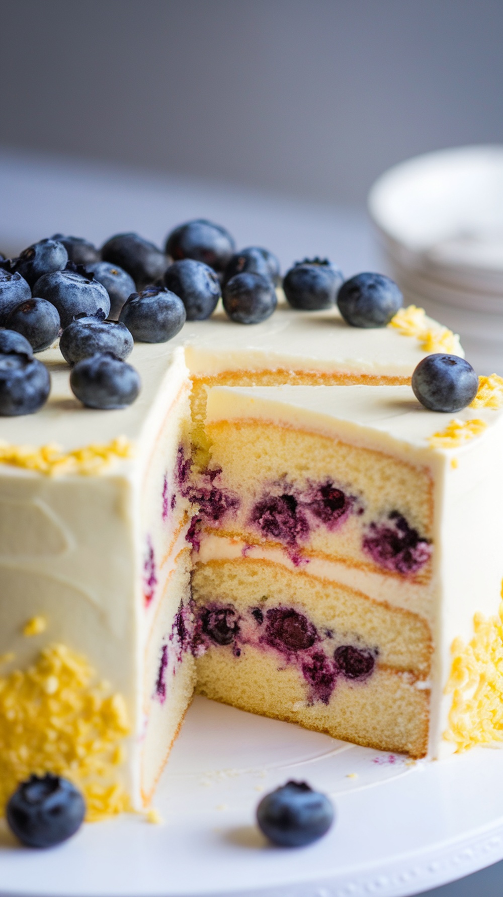 A moist lemon blueberry cream cake with fresh blueberries on top and a slice cut out