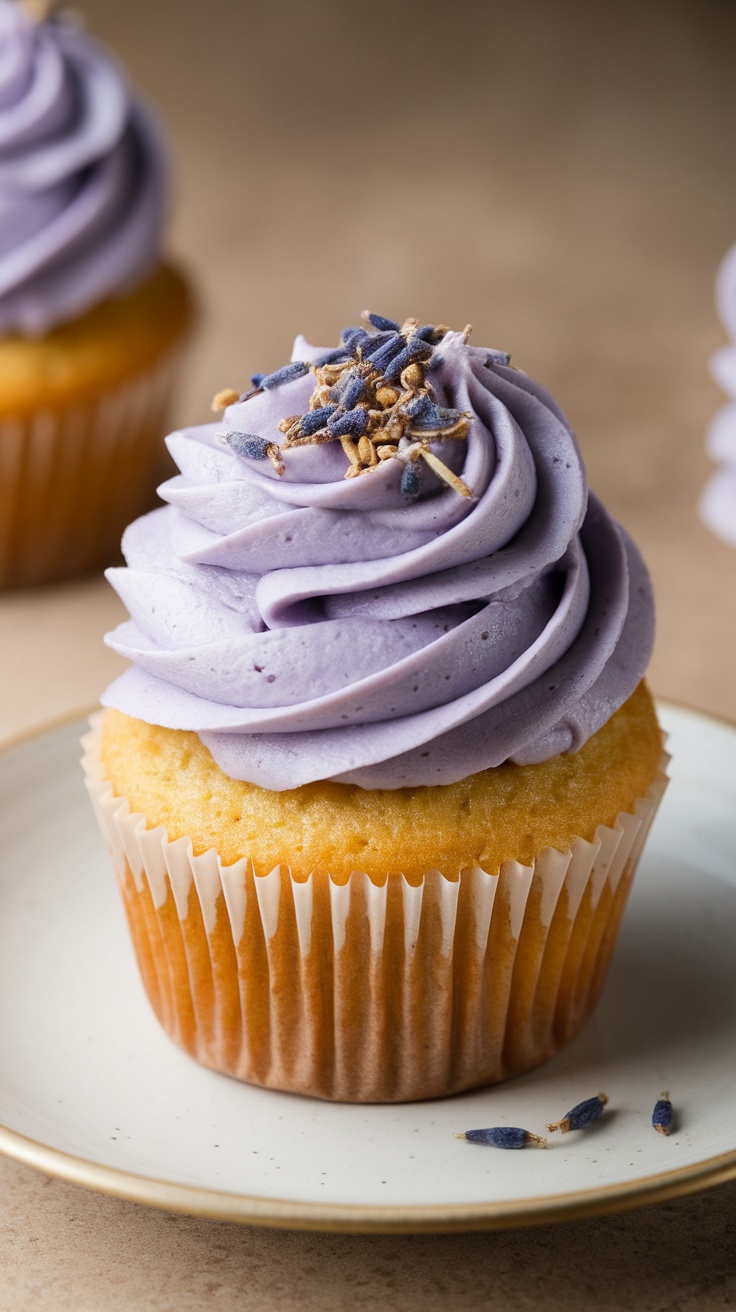 Close-up of a lemon lavender cupcake with purple frosting and lavender buds.