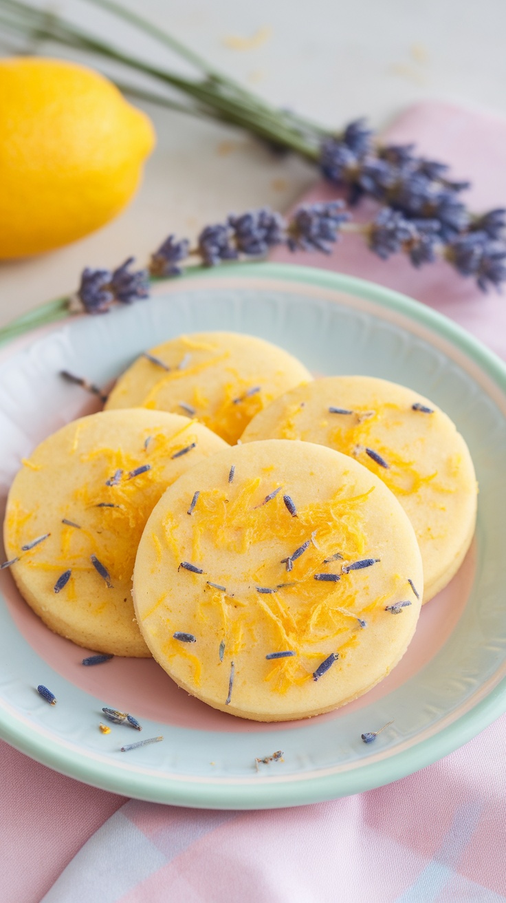 A plate of lemon zest cookies with lavender garnished with lemon and lavender sprigs.
