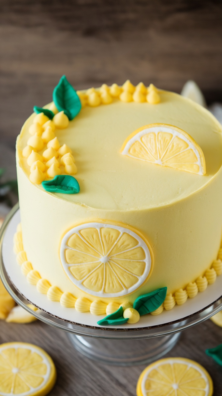 A bright yellow Lemonade Stand Cake decorated with lemon slices and green leaves