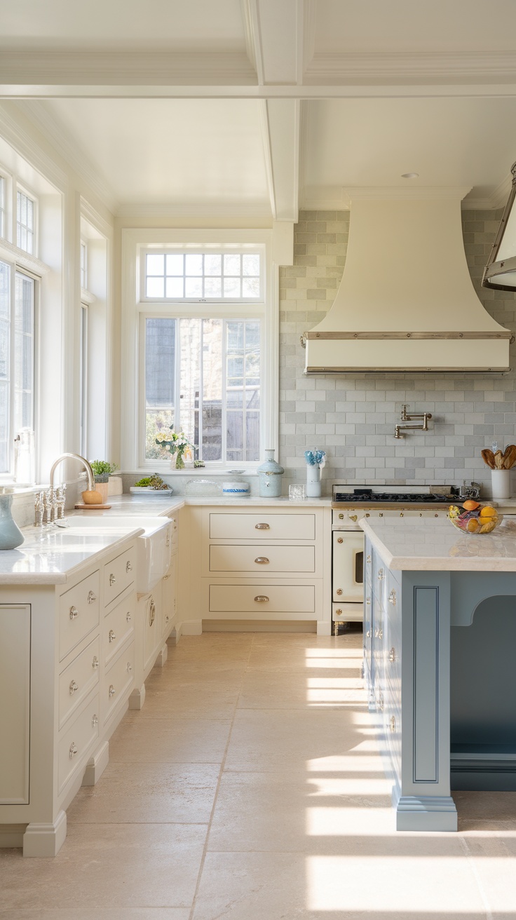 A bright and airy coastal kitchen featuring white cabinetry, a pale blue island, and a light-colored backsplash.