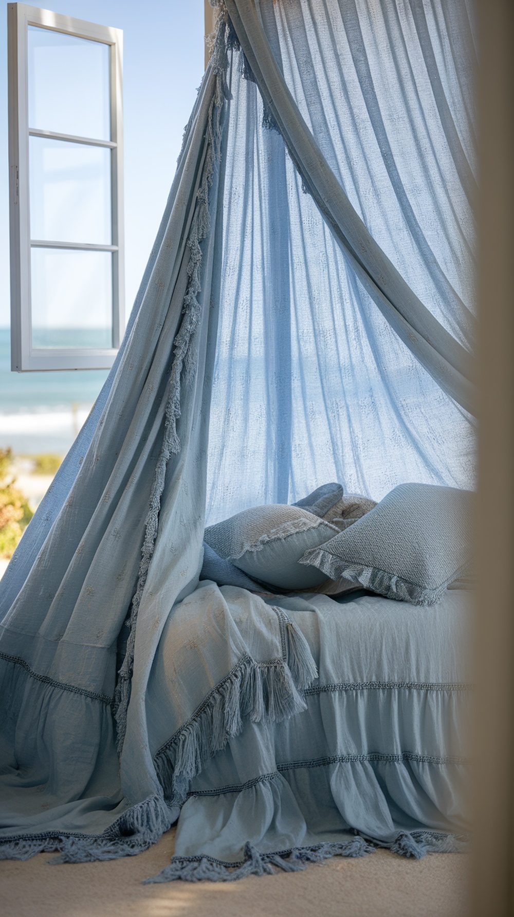 A cozy bed with lightweight blue fabrics and sheer curtains, showcasing a coastal vibe.