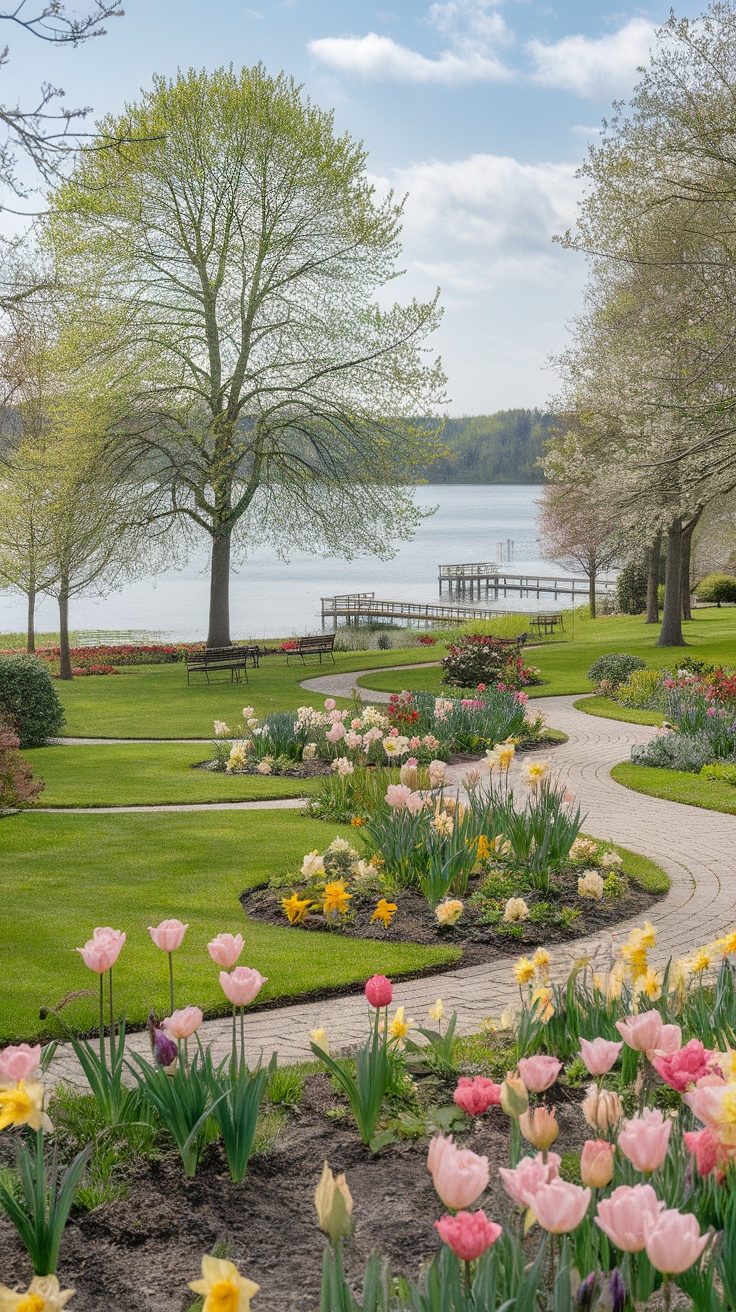 Lush gardens with colorful flowers and winding pathways near a lake.