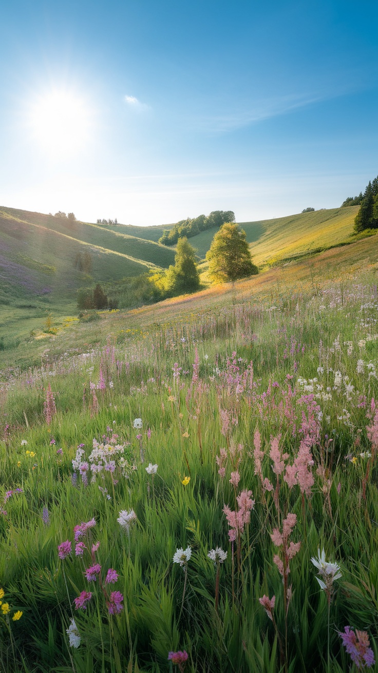 A scenic view of lush green meadows with colorful wildflowers under a clear blue sky.