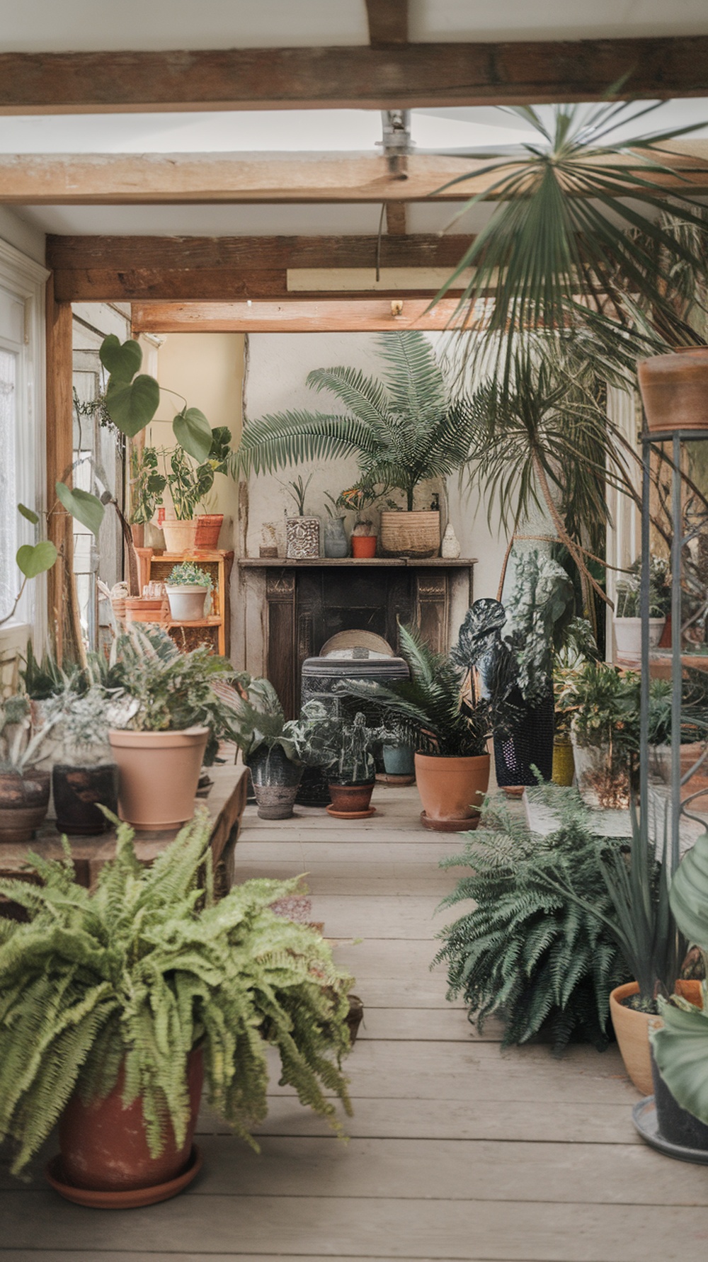 A cozy indoor space filled with various lush plants in pots, showcasing a vintage aesthetic.
