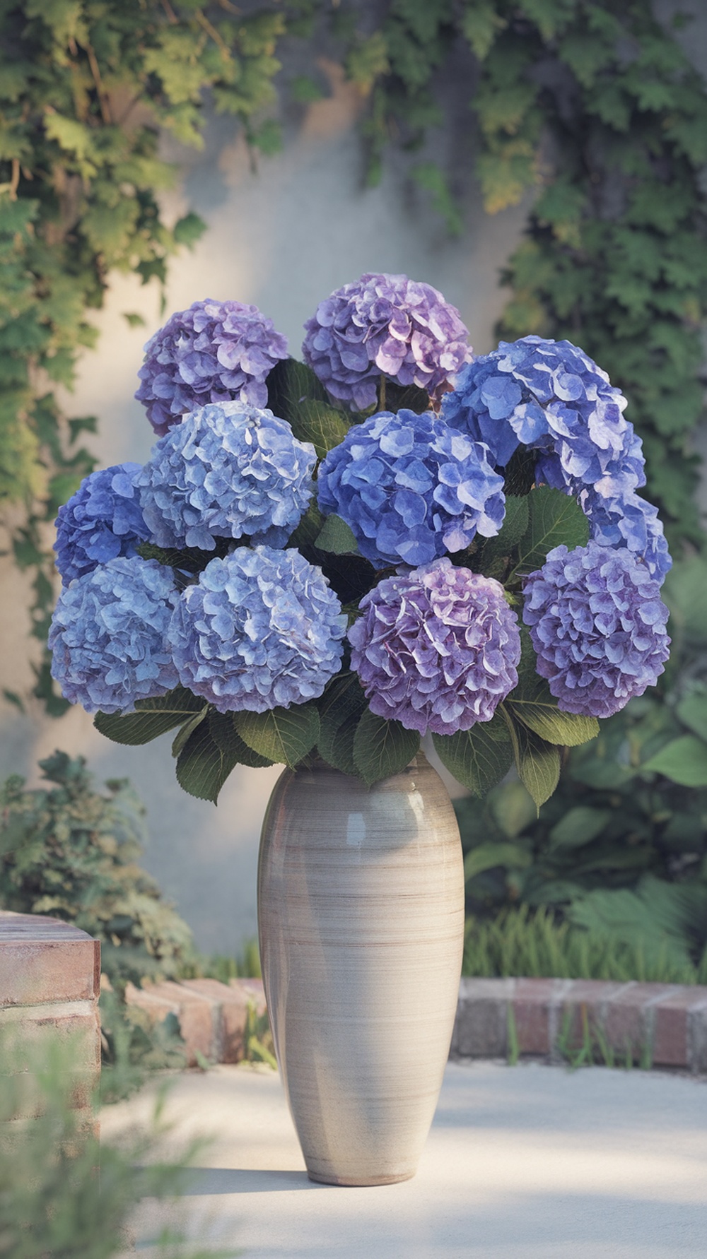 A luxurious bouquet of hydrangeas in shades of blue and lavender, placed in a stylish vase surrounded by greenery.