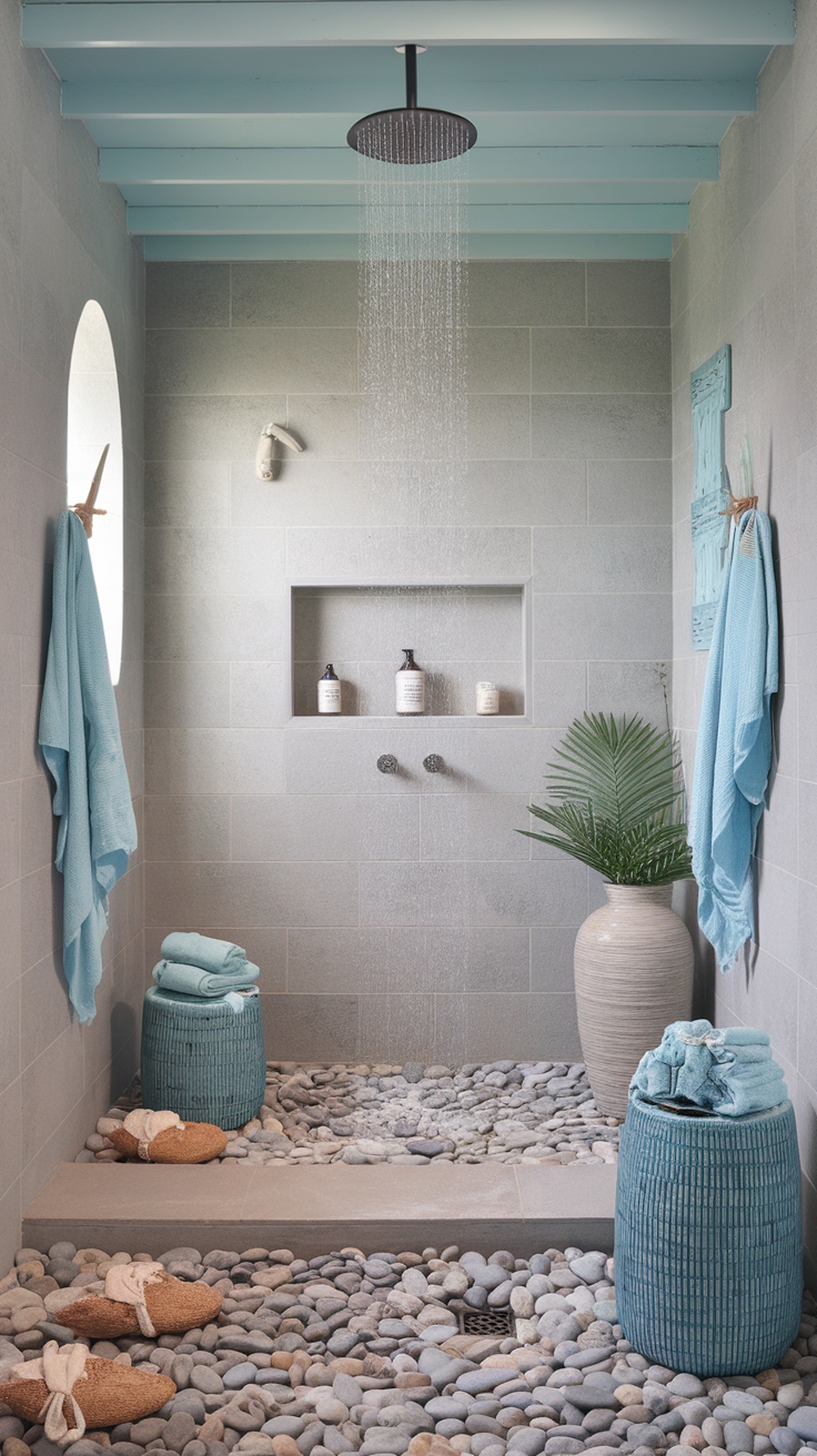 Luxurious beach-themed bathroom with a rain shower, pebbled flooring, and blue towels