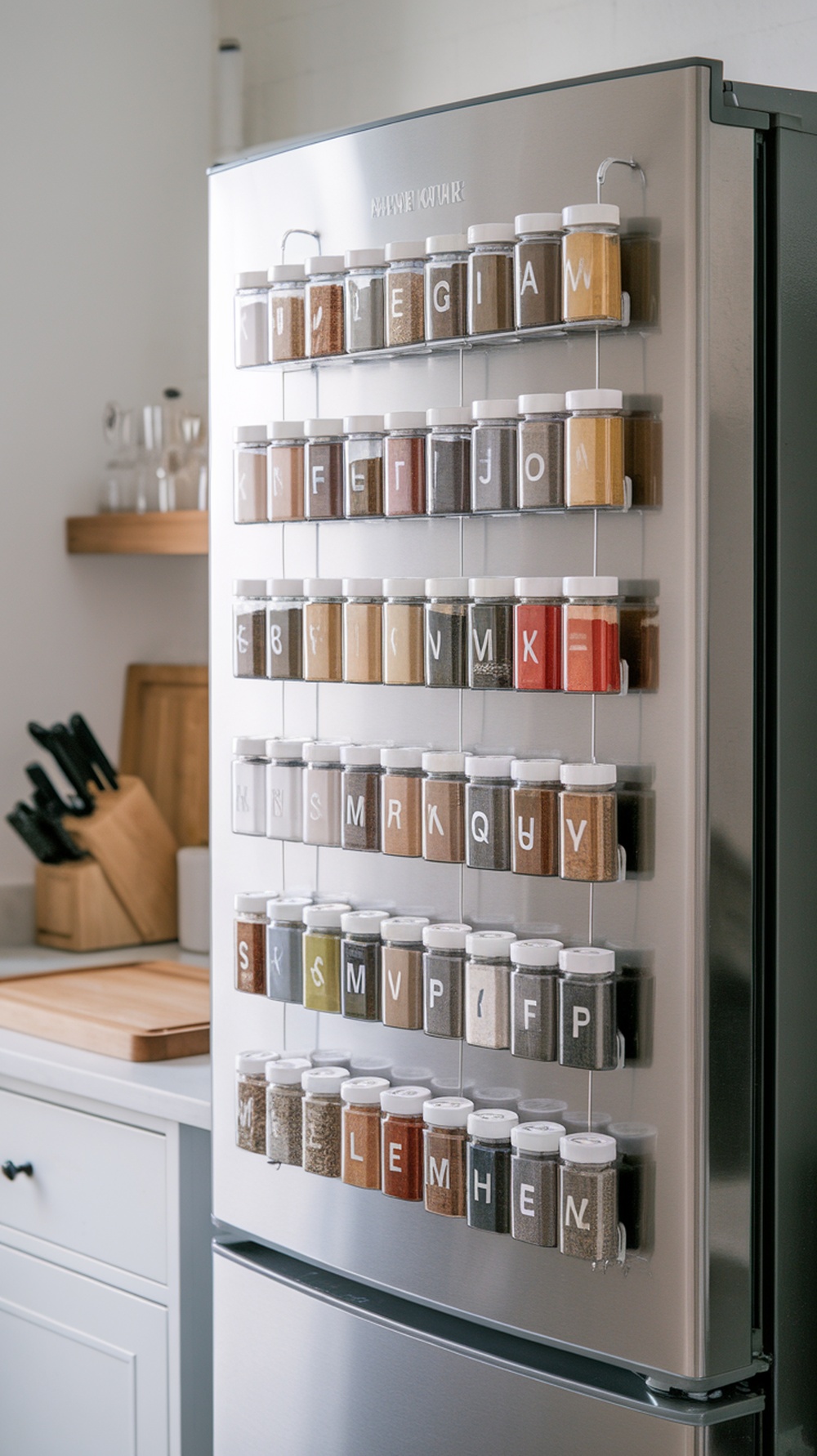 Magnetic spice jars attached to a refrigerator, organized with labels for easy identification.