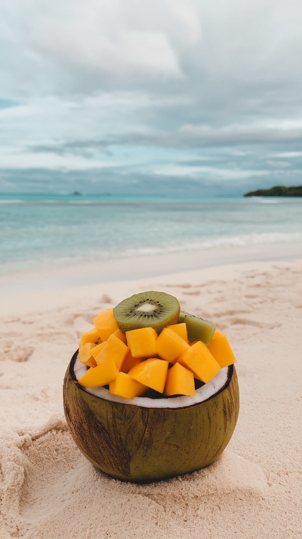 A refreshing summer fruit salad made with mango and kiwi served in a coconut shell on a sandy beach