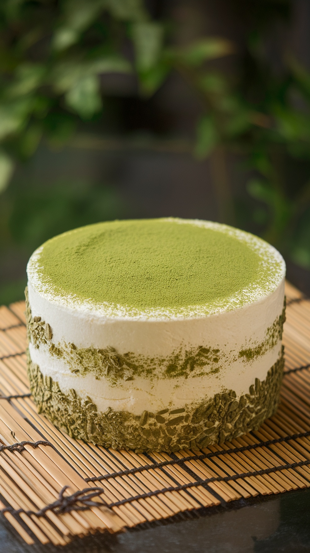 A beautiful Matcha Green Tea Cake with white frosting and matcha powder on top, placed on a bamboo mat.
