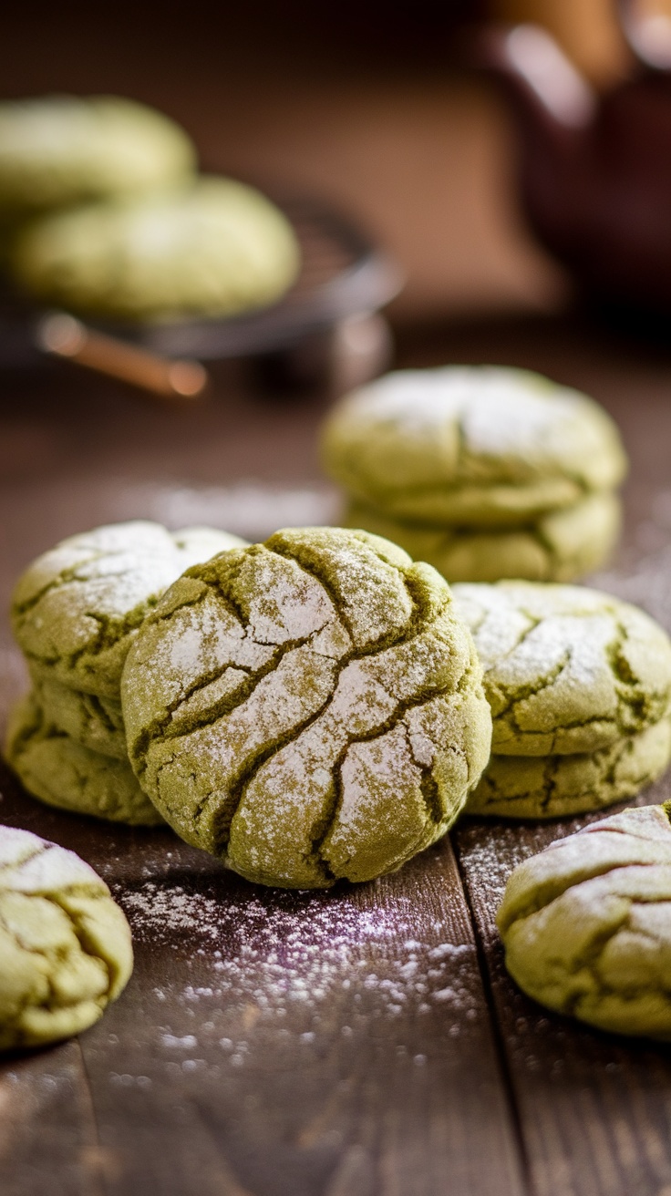 A close-up of matcha green tea cookies dusted with powdered sugar.