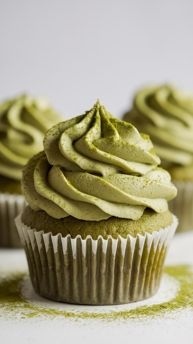 Delicious matcha green tea cupcakes with swirled frosting.