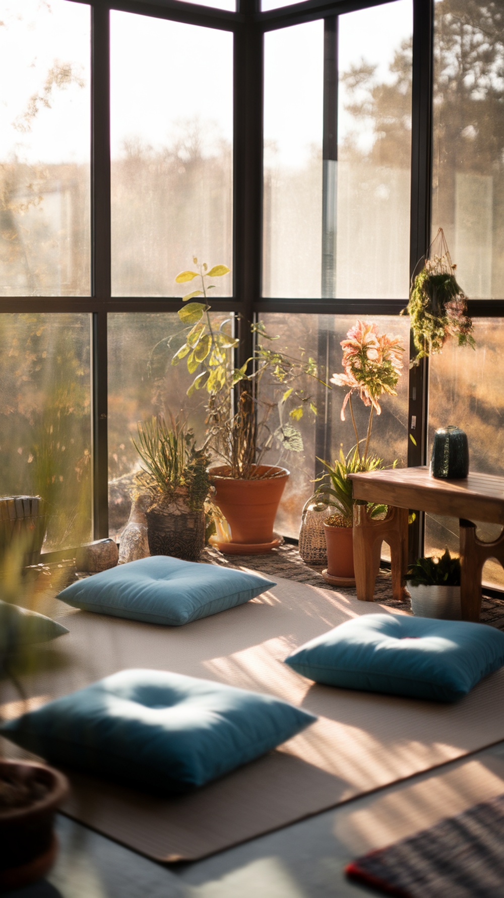 A serene sunroom designed for meditation, featuring soft cushions, natural plants, and warm sunlight.