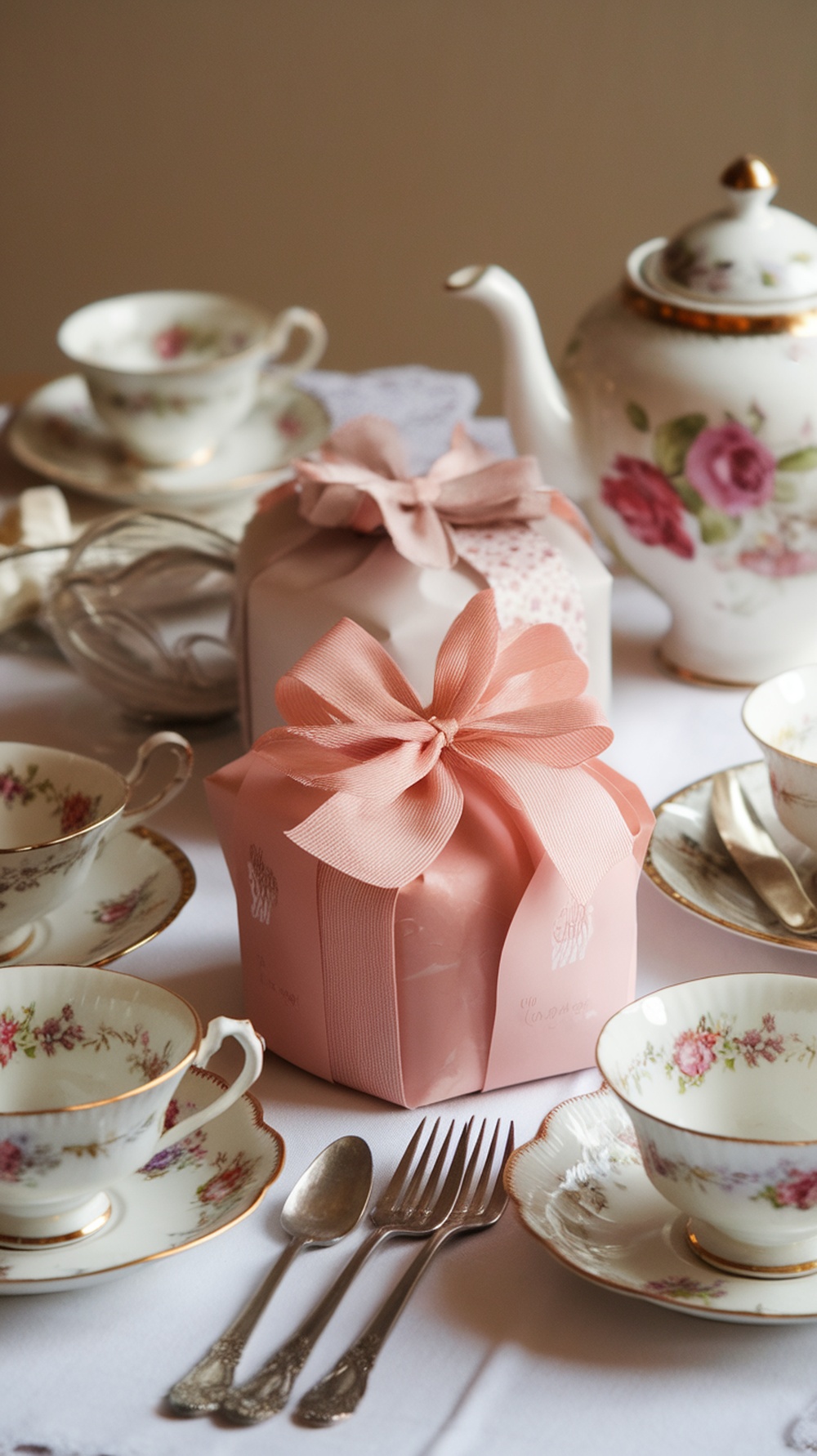 Beautifully arranged tea party setting with wrapped favors and delicate teacups.