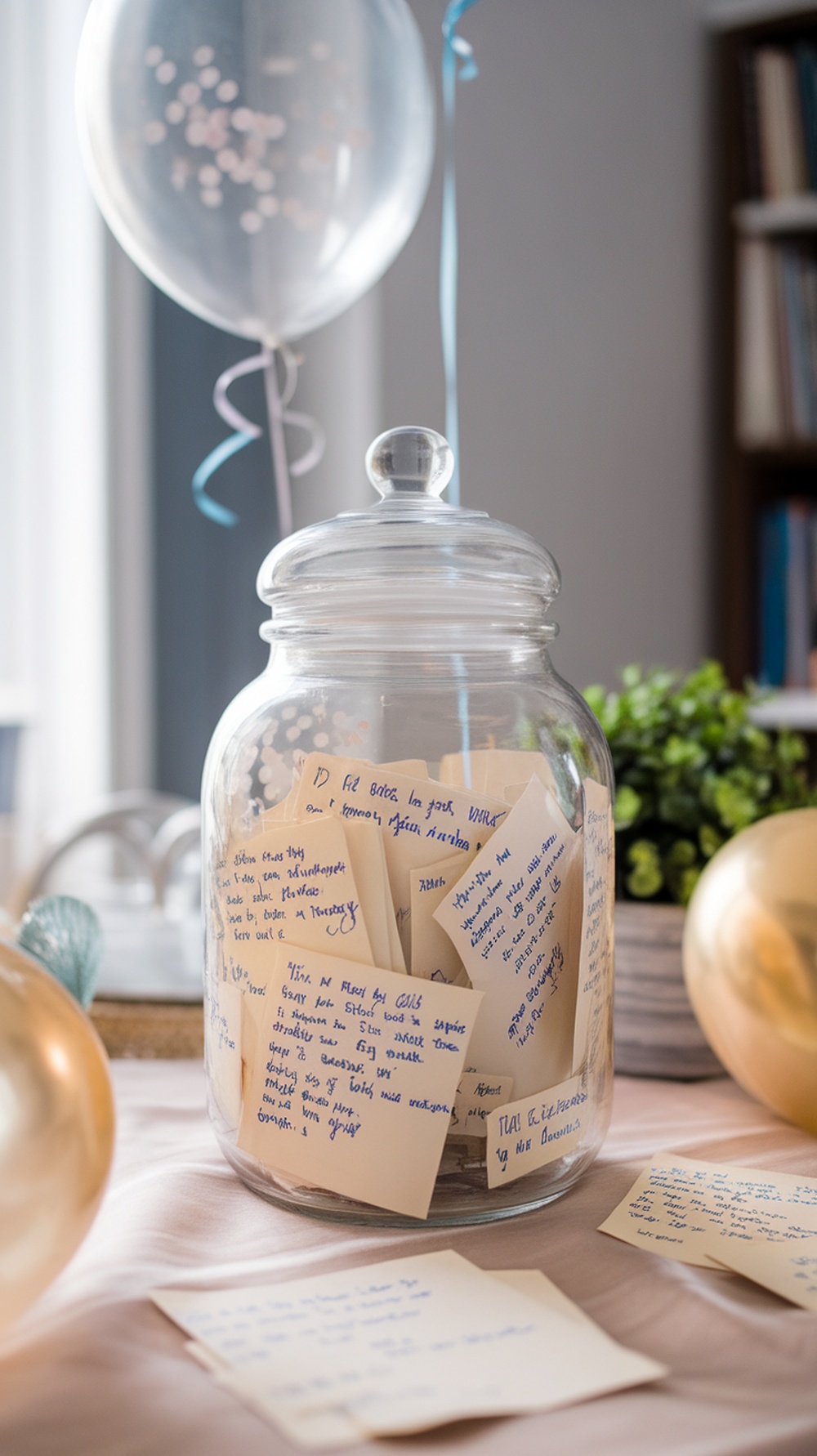 A glass jar filled with handwritten notes, surrounded by balloons and decorative elements for a graduation celebration.