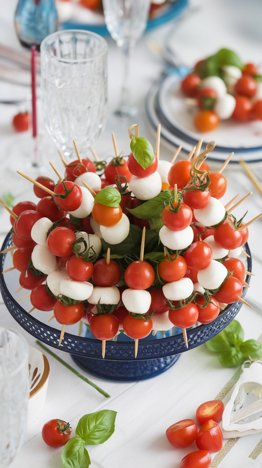A plate of mini Caprese skewers featuring cherry tomatoes, mozzarella balls, and basil leaves.