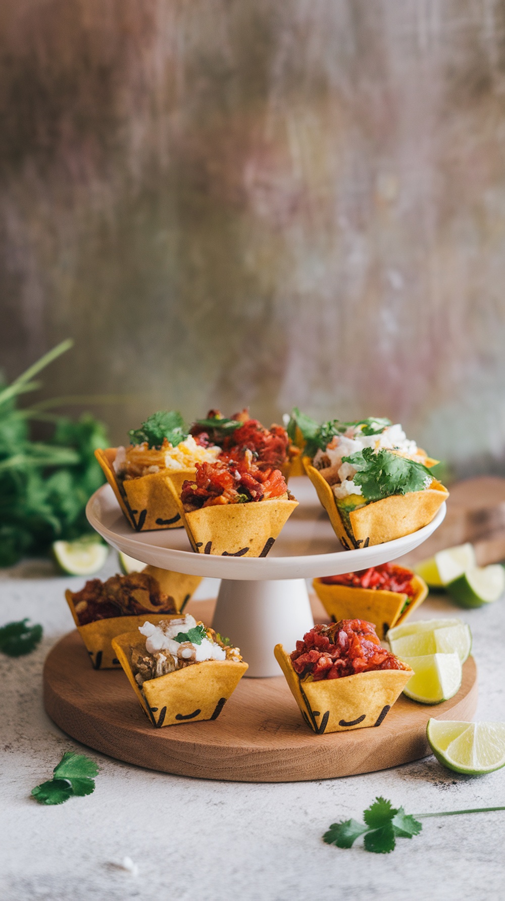 A display of mini taco cups filled with various toppings on a wooden platter.
