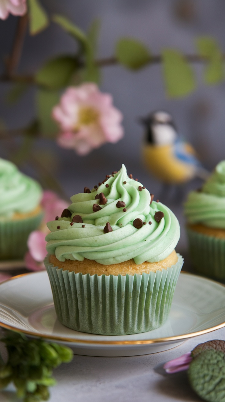 Mint chocolate chip cupcakes with green frosting and chocolate chips, surrounded by spring flowers and greenery.