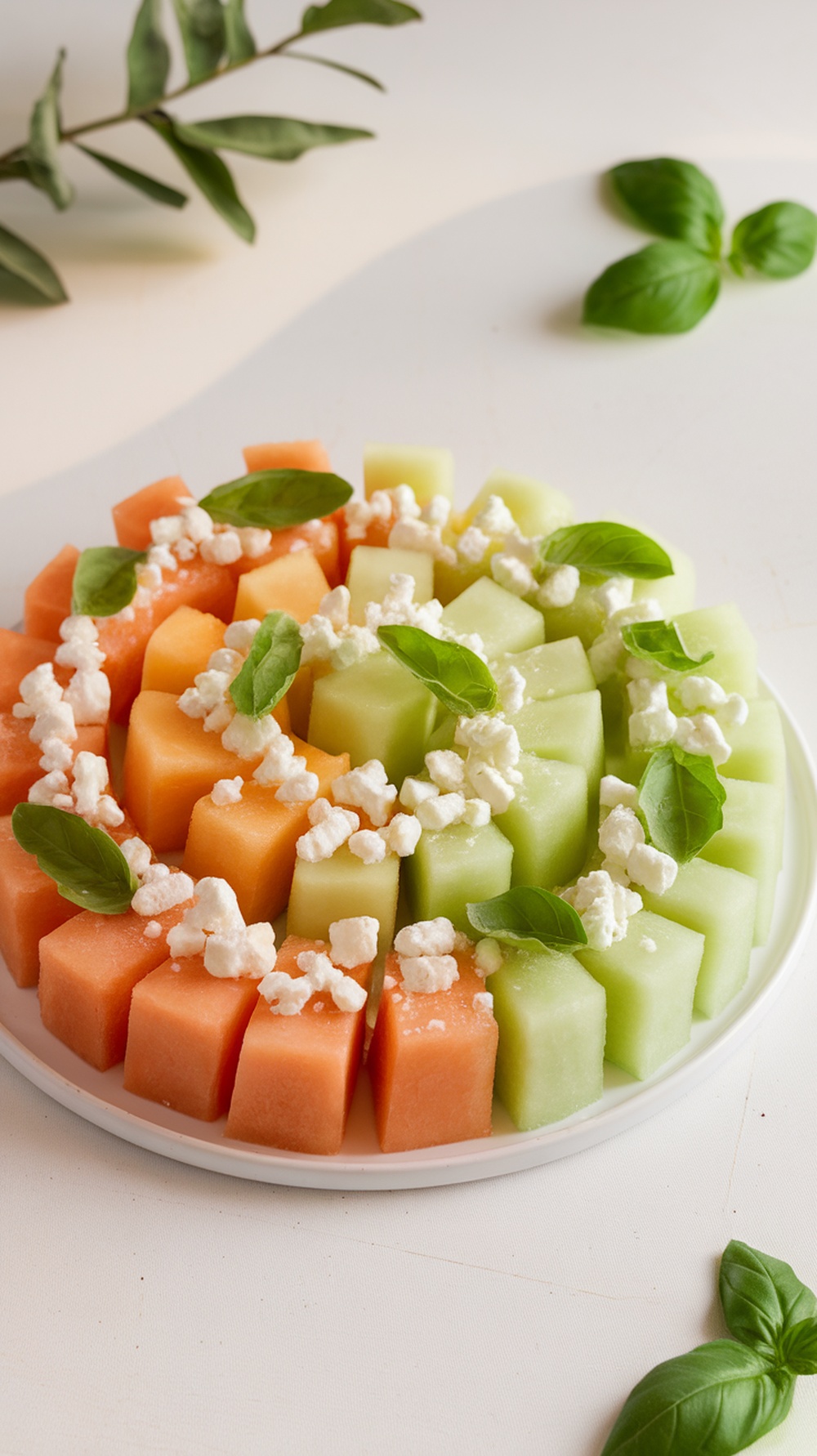 A colorful mixed melon platter featuring watermelon, cantaloupe, and honeydew, topped with feta crumbles and fresh basil leaves.