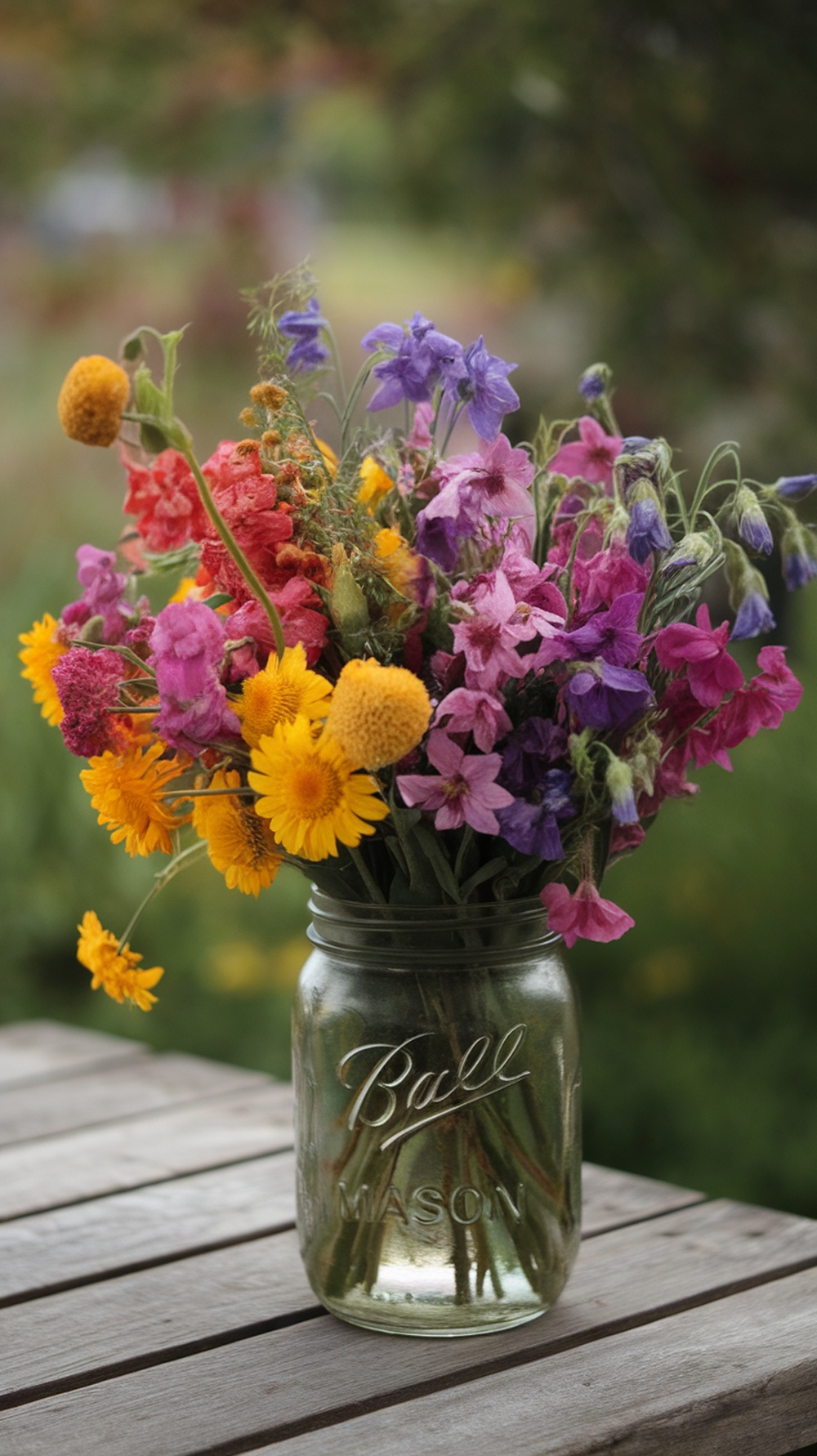 A mixed wildflower bouquet in a mason jar, filled with colorful blooms like yellows, purples, and reds.