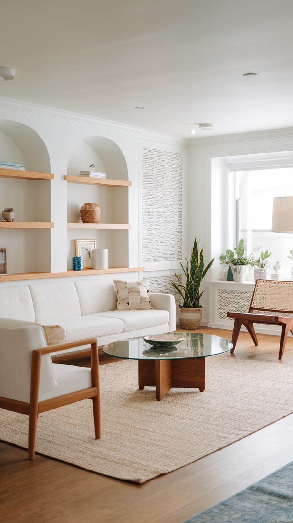 Beach house living room featuring modern and traditional design elements with a white sofa, wooden accents, and decorative plants.